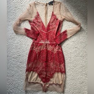For Love And Lemons Red Lace Long Sleeve Dress